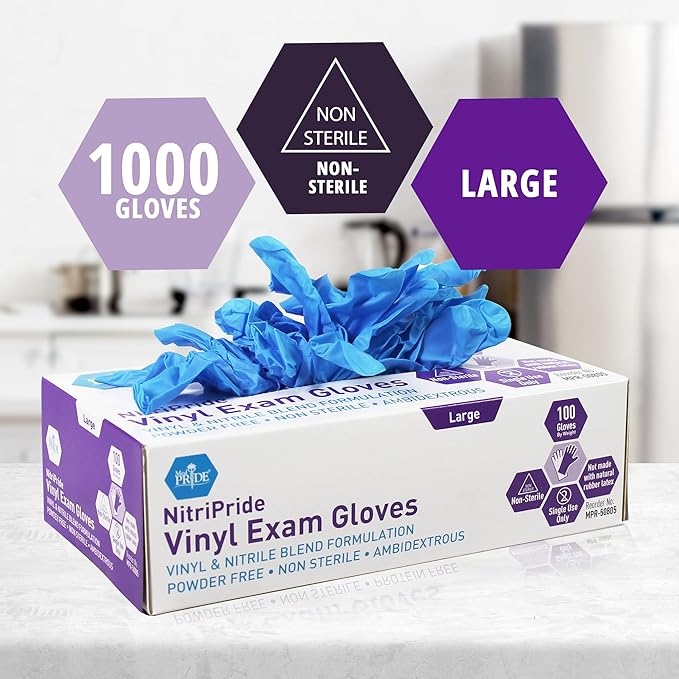 MED PRIDE Disposable Medical Vinyl Exam Gloves Single Use Nitrile-Vinyl Blend Exam Gloves, Large 100 - Powder Free, Latex Free & Rubber Free - Single Use Non-Sterile Protective Gloves