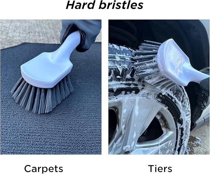 Short Handle Car Wheel and Tire Brush | Auto Detailing Car Wash Brush | Deep Cleaning Brush for Tires, Rims, Wheel Wells, Carpets, and Upholstery | Soft Bristles and Stiff Bristles | Pack of 2