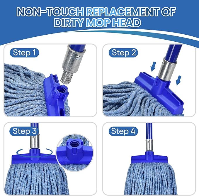 Matthew Cleaning Screw-on Heavy Duty Cotton Wet Mop Replacement Heads(Blue, Large,6 Pack) with 2 Pack Microfiber Cloth for Residential & Commercial Floor Cleaning Use- Fit Standard American Screw