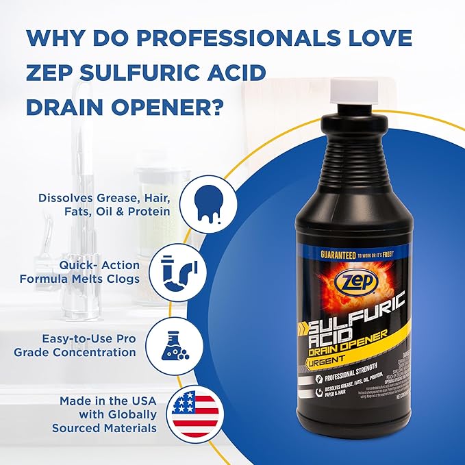 Zep Sulfuric Acid Drain Opener - 32 Ounce (Case of 12) ZUSADO32 - Professional Strength Drain Cleaner