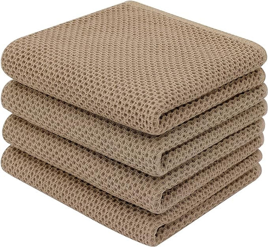 Homaxy 100% Cotton Waffle Weave Kitchen Dish Towels, Ultra Soft Absorbent Quick Drying Cleaning Towel, 13 x 28 Inches, 4-Pack, Tan