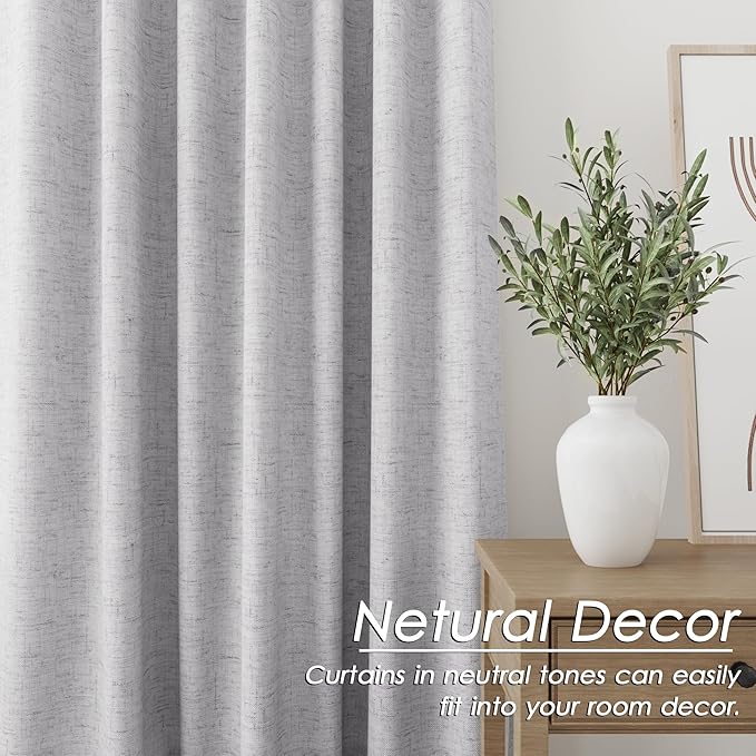 Nanspring Grey Linen Blackout Curtains 132 inch Length Back Tab Rod Pocket Drapes Thermal Insulated Textured Living Room 100% Blackout Curtains 2 Panels Set 52x132