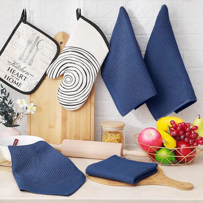 Homaxy 100% Cotton Waffle Weave Kitchen Dish Cloths, Ultra Soft Absorbent Quick Drying Dish Towels, 12 x 12 Inches, 18-Pack, Navy Blue