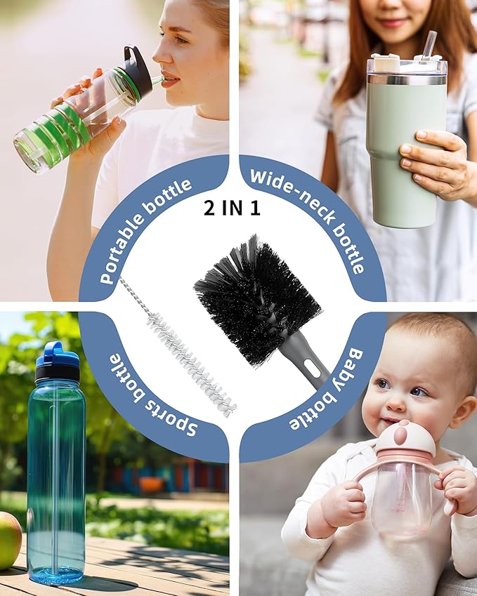 2 in 1 Long Handle Bottle Brush with Straw Brush for Cleaning Glass, Sports Bottle, Coffee Mug, Gray, 1 Pack