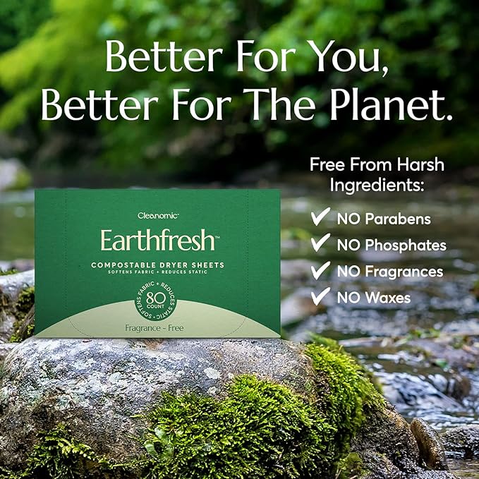 Cleanomic Earthfresh Fabric Softener Sheets Dryer Sheets, Softens & Removes Static Cling, Vegan Laundry Softener With Essential Oils -Fragrance Free