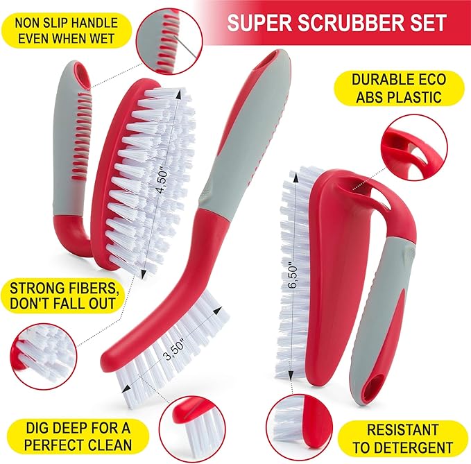 Scrub Brush Set of 3pcs - Cleaning Shower Scrubber with Ergonomic Handle and Durable Bristles - Grout Cleaner Brush - Scrub Brushes for Cleaning Bathroom, Shower, Tile, Kitchen, Floor, Bathtub, Floor