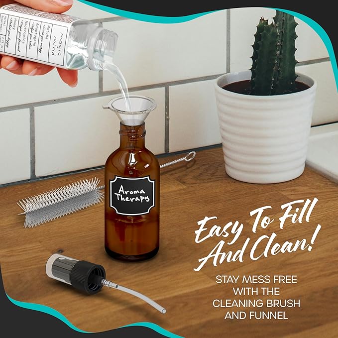Nevlers Amber Glass Spray Bottles 2 Oz 24 Pack | Amber Glass Bottle Set w/Shrink Wrap, Funnel, Cleaning Brush & Sticker Labels| Mist Bottle For Use as Travel Spray Bottles For Face, Hair, Body & More