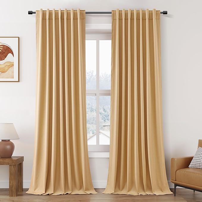 Camel Linen Blackout Curtains 120 Inch Length 2 Panels Set Burg Extra Long 10 Ft Back Tab Pocket Drapes Cotton Textured Total Sun Blocking Curtains for Living Room Cottage High Window 52x120