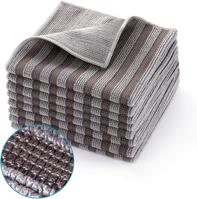 ZHIDIAN Stainless Steel Microfiber Cloth Double-Sided Cleaner Rag, Non-Scratch Scrub Cleaning Polishing Towel for Appliances, Kitchen Reusable Fridge Wipes, Gray Stripe, 8Pack, 12x12Inch