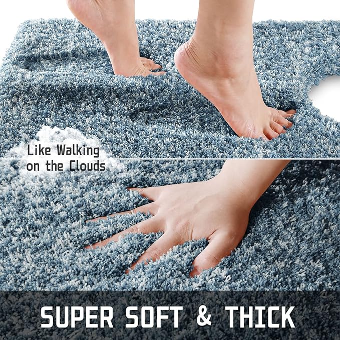 Yimobra Bathroom Rugs Sets 2 Piece, Soft Absorbent Bath Mat and U-Shaped Toilet Rug with Non Slip Backing, Machine Washable, Plush Shaggy Bath Mats for Bathroom, 32"x20"+24"x20", Denim Blue and White