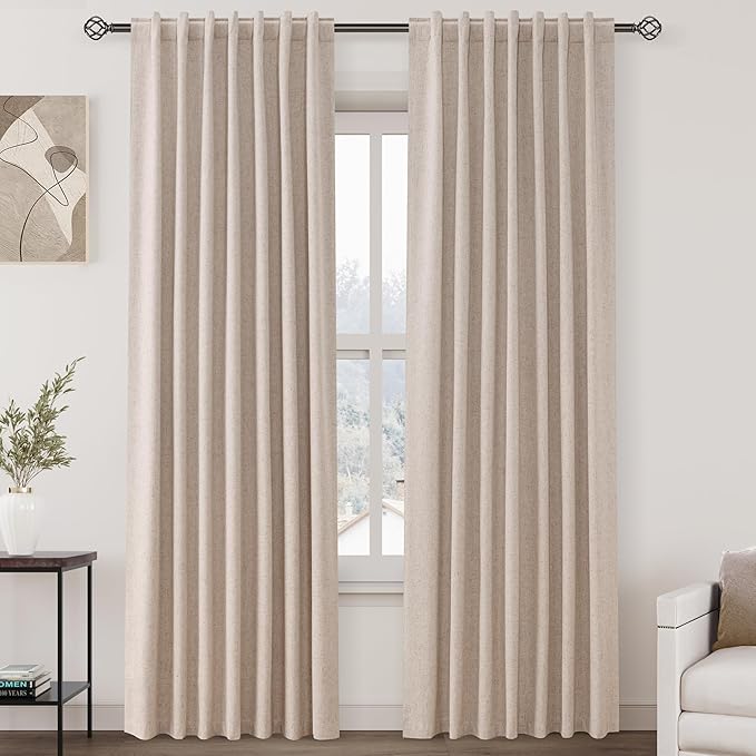 100% Blackout Linen Curtains 84 Inch Length 2 Panels Oatmeal Light Blocking Darkening Living Room Curtains 84 Inches Long Elegant Modern Back Tab Pocket Noise Reducing Drapes for Nursery 52X84