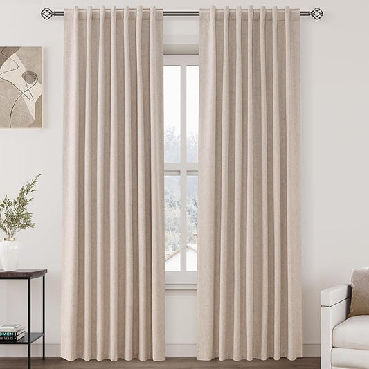 100% Blackout Linen Curtains 84 Inch Length 2 Panels Oatmeal Light Blocking Darkening Living Room Curtains 84 Inches Long Elegant Modern Back Tab Pocket Noise Reducing Drapes for Nursery 52X84