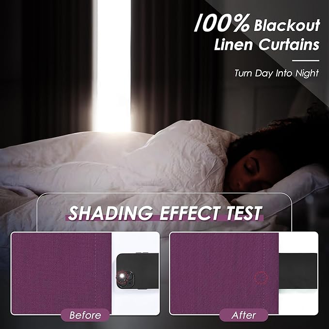 Nanspring Full Blackout Linen Purple Curtains 90 Inches Long for Living Room Patio Sliding Door Back Tab 100% Black Out Bedroom Curtains Boho Elegant Modern Window Curtain Panels Set of 2 52x90 Inch