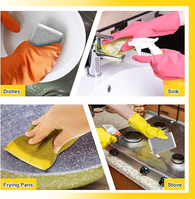 Thyle 12 Pack Steel Scrub Sponges for Dishes Non Scratch Scouring Sponge Multi Use Metal Scrubber Heavy Duty Dish Wash Kitchen Sponge for Pot Dish Washing Hard Surface Cleaning Tools (Gray,Yellow)