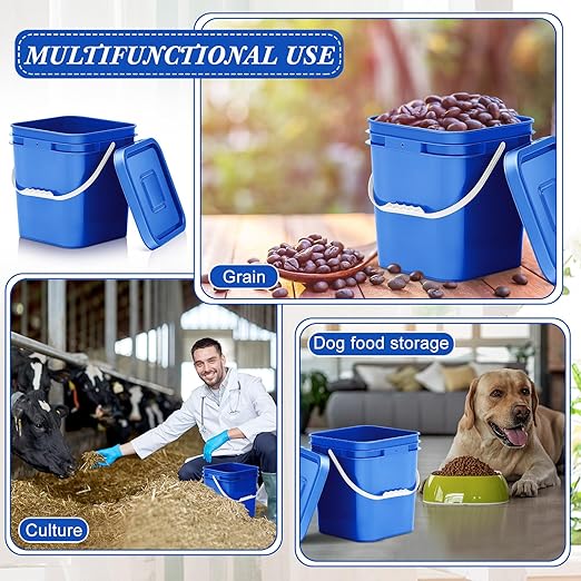 Mumufy 5 Pcs 3.5 Gallon Square Food Grade Bucket with Lid Square Bucket Pail with Plastic Handles for Storing Dry Food, Charcoal, Camping, Fishing (Blue)