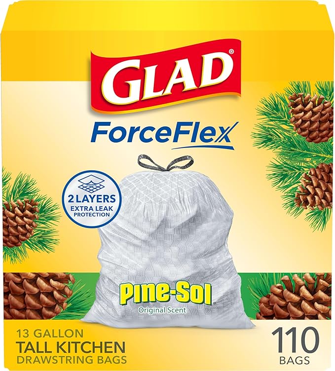 Glad ForceFlex Tall Kitchen Trash Bags, 13 Gal, Pine-Sol Original, 110 Ct (Package May Vary)