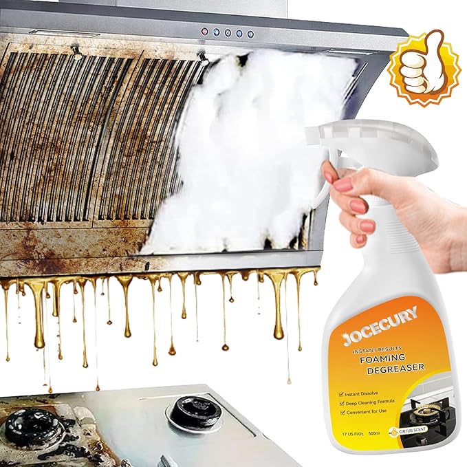 500ml Powerful Kitchen Degreaser Foam Spray – Multipurpose Grease Remover for Pots, Pans, Countertops & Appliances with 2-in-1 No-Rinse Dual Spray Nozzle (Lemon)