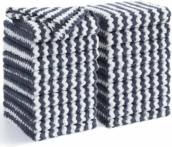 Homaxy 18 Pack Kitchen Dish Cloths, Ultra Soft and Absorbent Dish Towels, Reusable Fast Drying Microfiber Cleaning Cloth, Coral Velvet Wave Design No-lint, 10 x 10 inches, Dark Grey