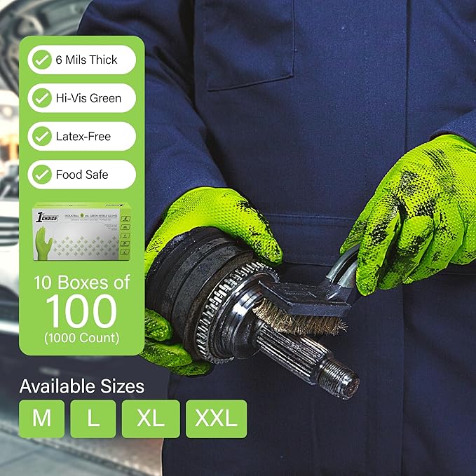 1st Choice 6 mil Orange and Green Nitrile Gloves, Disposable, Latex Free Raised Diamond Grip Mechanic Glove for Men and Women