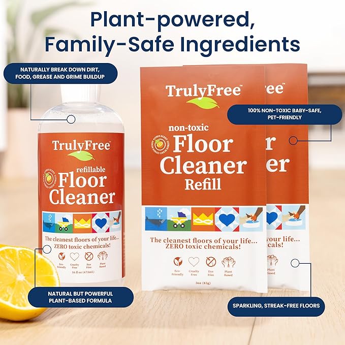 Truly Free Floor Cleaner Kit - Plant-Based Mopping Solution (16oz Reusable Empty Bottle + Two Pouches, 3oz ea.) - DIY All-Surface Cleaner for Hardwood, Tile, Wood & Concrete