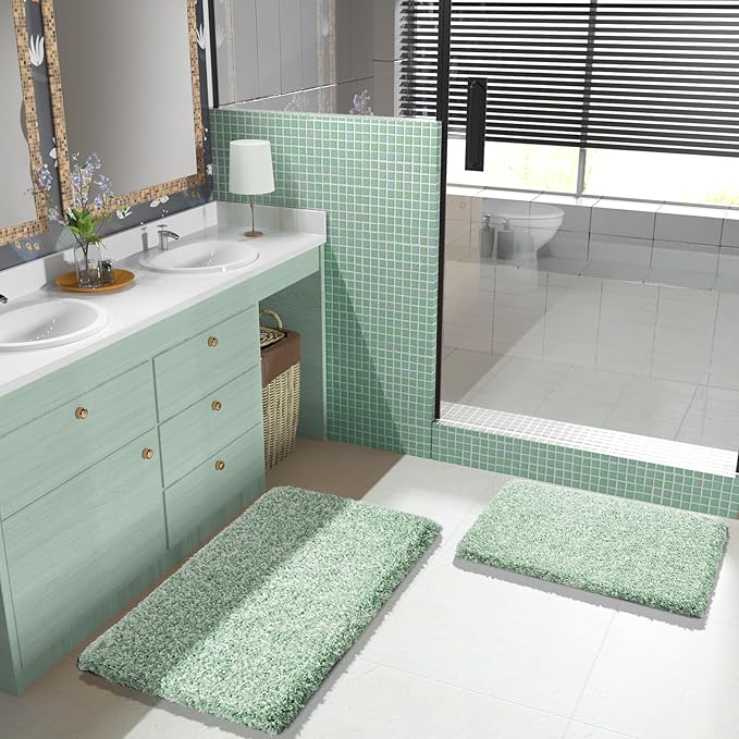 Yimobra Bathroom Rug Set 2 Piece, Soft Absorbent Microfiber Bath Mat Set, Non Slip Machine Washable Dry, Plush Shaggy Shower Rugs for Bathroom Floor, 32"x20"+24"x17", Light Green and White