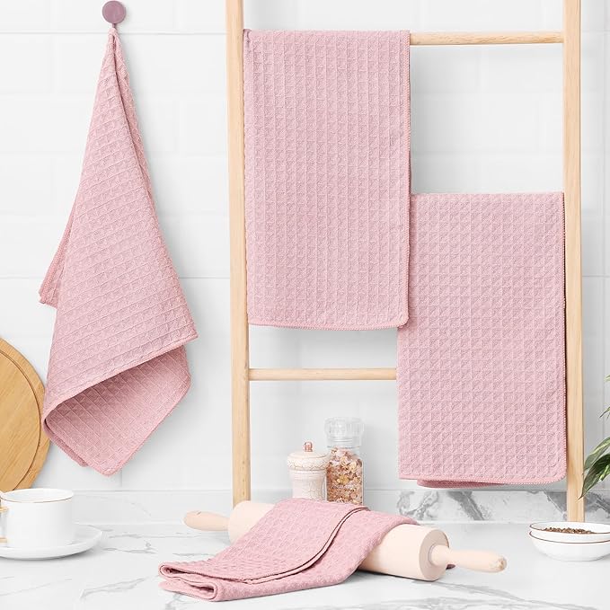 Homaxy Microfiber Waffle Weave Kitchen Towels, 16 x 28 Inch Ultra Absorbent and Solid Color Dish Towels, 8 Pack, Pink