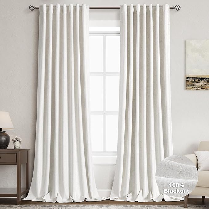 Nanspring Cream Blackout Linen Curtains 98 Inch Length 2 Panels for Living Room Loop Pocket Pinch Pleated Black Out Drapes Heat Reducing Total Blackout Window Curtains for Bedroom 52x98
