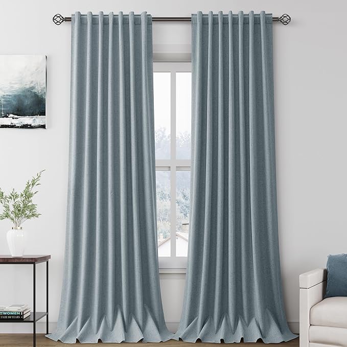 Extra Long Blackout Curtains 108 Inches Long Dark Blue Modern Linen Back Tab Rod Pocket Curtains for Sliding Glass Doors Thermal Light Blocking Floor Length Windows Drapes With White Backing 9Ft