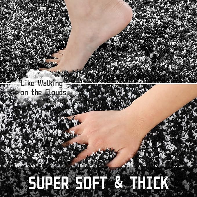 Yimobra Bathroom Rugs Sets 2 Piece, Soft Absorbent Bath Mat and U-Shaped Toilet Rug with Non Slip Backing, Machine Washable, Plush Shaggy Bath Mats for Bathroom, 24"x17"+24"x20", Black and White