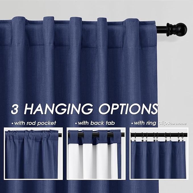 100% Blackout Linen Curtains 108 Inch Long 2 Panels Classic Blue Back Tab Modern Urban Noise Cancelling Thermal Insulated Total Light Blocking Window Curtains for Bedroom High Ceiling Spaces 52X108