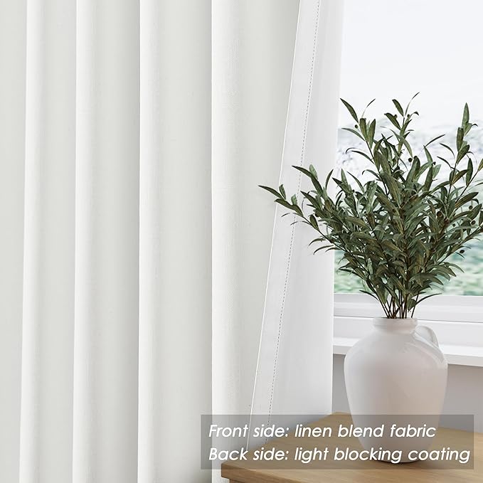 Nanspring Ivory Linen 100% Blackout Curtains 2 Panels Set Back Tab Rod Pocket Thermal Insulated Textured Black Out Curtains for Bedroom Living Room 52x72