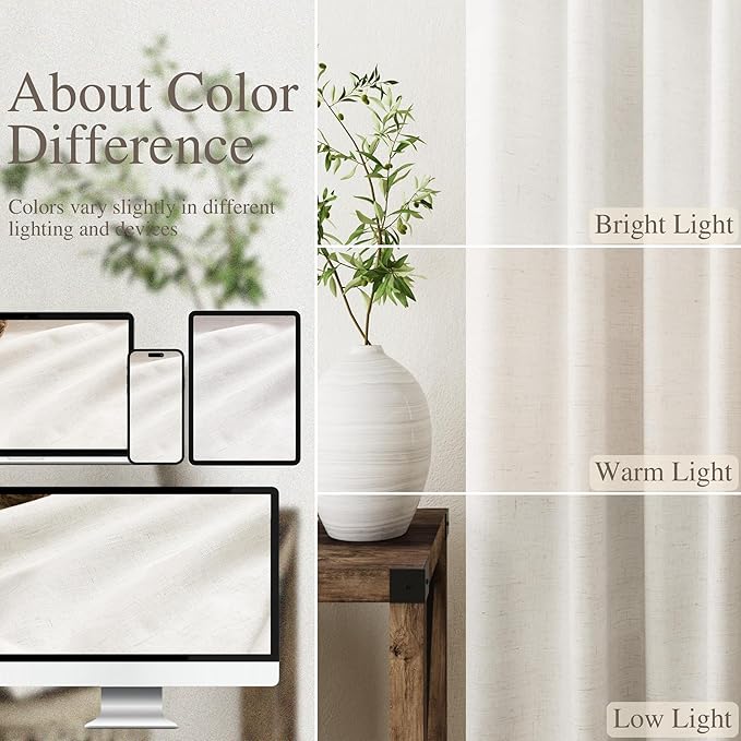Beige White Linen Curtains 102 Inches Long Thermal Insulated Back Tab Rod Pocket Drapes Cooling Noise Cancelling Full Shading 2 Panels Set for Bedroom Modern Urban Curtains Drapes 52x102