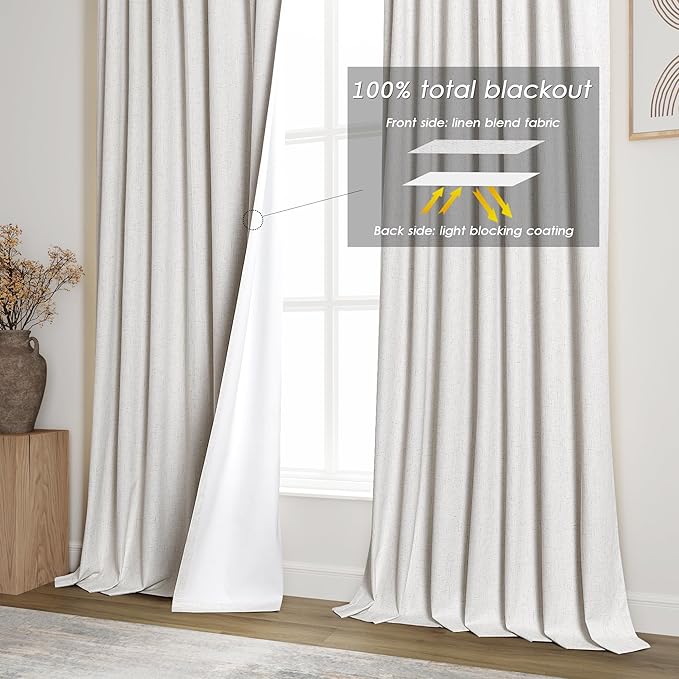 Nanspring Cream White Linen Blackout Curtains 132 inch Length Back Tab Rod Pocket Thermal Insulated Textured Living Room Blackout Curtains 2 Panels Set 52x132