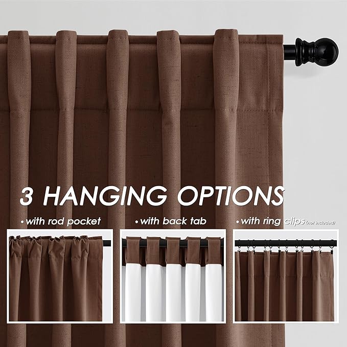 Nanspring Rustic Brown Linen Blackout Curtains 84 Inches Long Back Tab Rod Pocket Drapes Noise Reducing Flax Linen Sound Proof Full Blackout 2 Panels Set for Nursery Modern Farmhouse Curtains 52x84