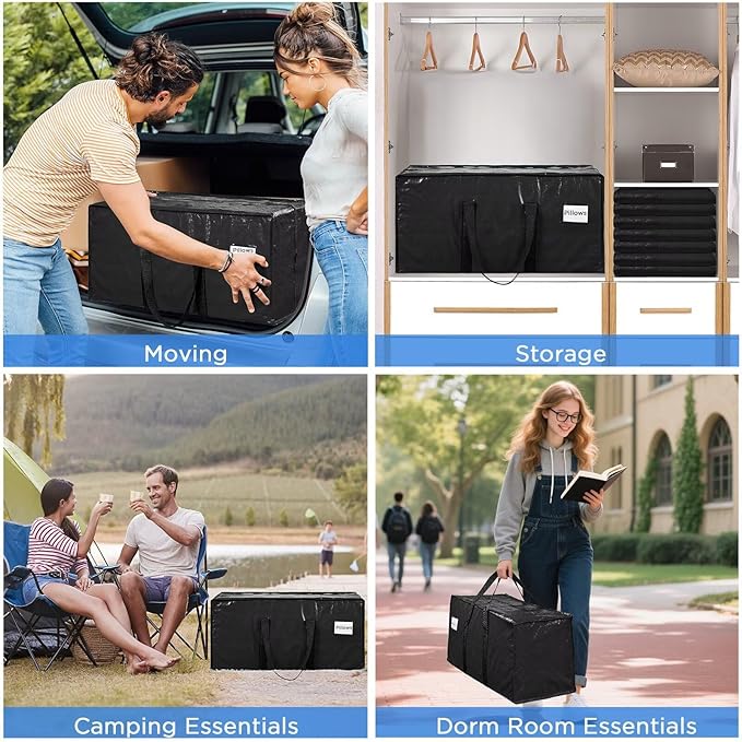 Extra Large Storage Bags Moving Bags Heavy Duty with Zipper Handles, BETU 6 Pack Clothes Storage Totes Bins Packing Moving Boxes, Moving Supplies for College Dorm Essentials, Space Saving, Black