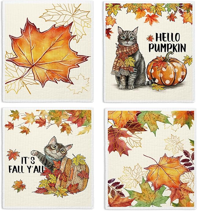 Fall Cat Swedish Dishcloths for Kitchen Cloths Towels, Cute Cat Vintage Autumn Pumpkin Maple Leaves Gifts Set 4 Pack Dish Cloths for Kitchen, Papaya Reusable Cleaning Paper Towels Washable