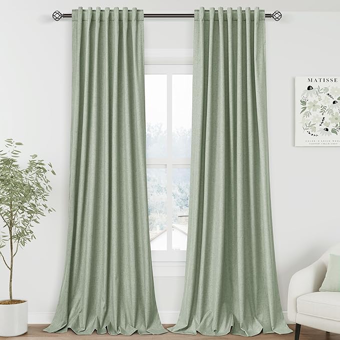 Light Sage Linen Blackout Curtains 120 Inch Length 2 Panels Set Burg Extra Long 10 Ft Back Tab Pocket Drapes Cotton Textured Total Sun Blocking Curtains for Living Room Cottage High Window 52x120