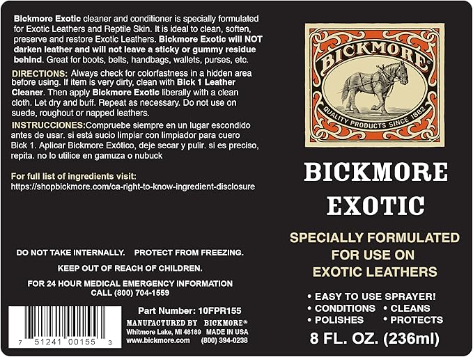 Bickmore Exotic 8oz - Specially Formulated Leather Spray Used to Clean Condition Polish and Protect Exotic Leathers & Reptile Skins