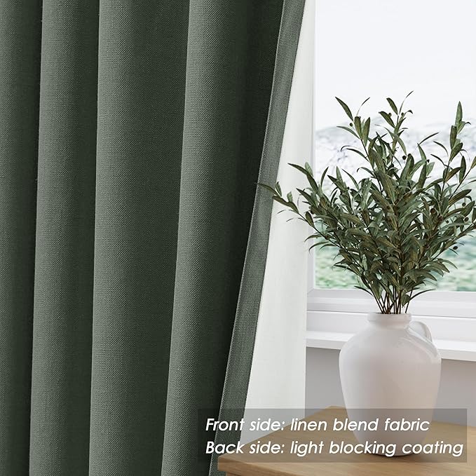 Olive Green Linen 100% Black Out Curtains 108 Inches Long 2 Panels Set for Bedroom Boho Farmhouse Back Tab Thermal Insulated Energy Efficient Curtains Living Room High Ceiling Length 9 FT 52x108