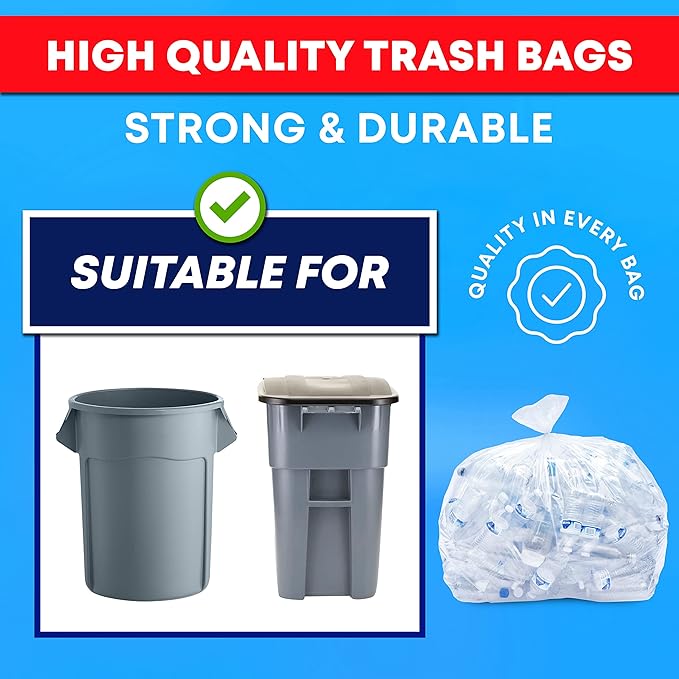 65 Gallon Clear Trash Bags Heavy Duty (MegaPack 50 Bags w/Ties) 64 Gallon Extra Large Clear Plastic Recycling Garbage Bags