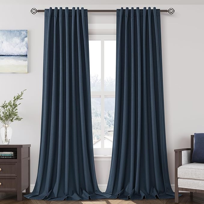 Vintage Blue Linen Blackout Curtains 120 Inch Length 2 Panels Set Burg Extra Long 10 Ft Back Tab Pocket Drapes Cotton Textured Total Sun Blocking Curtains for Living Room Cottage High Window 52x120