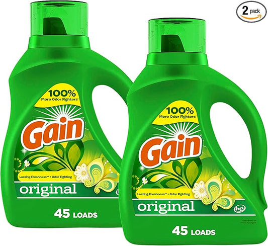 Gain Liquid Laundry Washing Detergent, Original Scent 2x65 fl oz, 2x45 Loads, Lasting Freshness + Powerful Cleaning and Odor Fighting ingredients