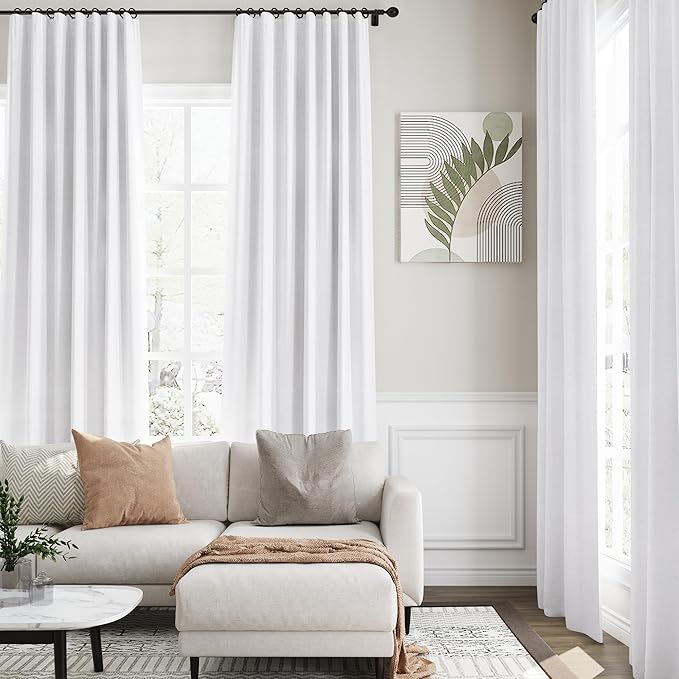 White Linen Blackout Curtains, 120 Inch Length 2 Panels Set Burg Extra Long 10 Ft Back Tab Pocket Drapes Cotton Textured Total Sun Blocking Curtains for Living Room Cottage High Window Pure White