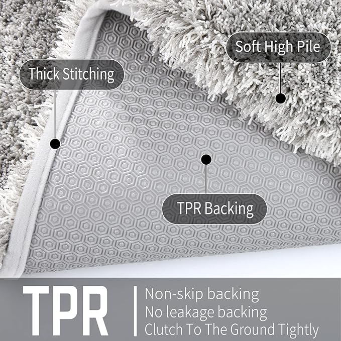 Yimobra Bathroom Rugs Sets 2 Piece, Soft Absorbent Bath Mat and U-Shaped Toilet Rug with Non Slip Backing, Machine Washable, Plush Shaggy Bath Mats for Bathroom, 24"x17"+24"x20", Light Gray and White