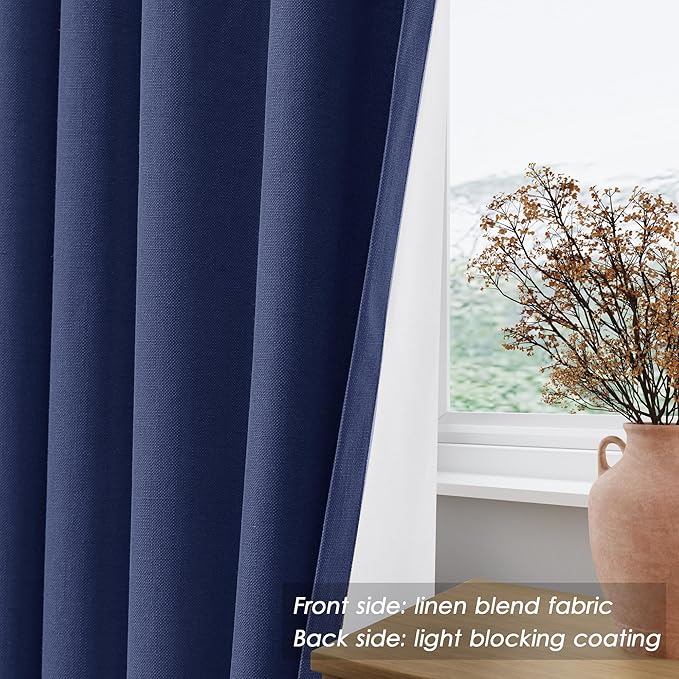 Nanspring 100% Blackout Linen Curtains 120 Inch Long 2 Panels Classic Blue Modern Urban Drapes Extra Long 10 FT Back Tab Pocket Thermal Insulated Curtains for Dining Room High Ceiling 52X120
