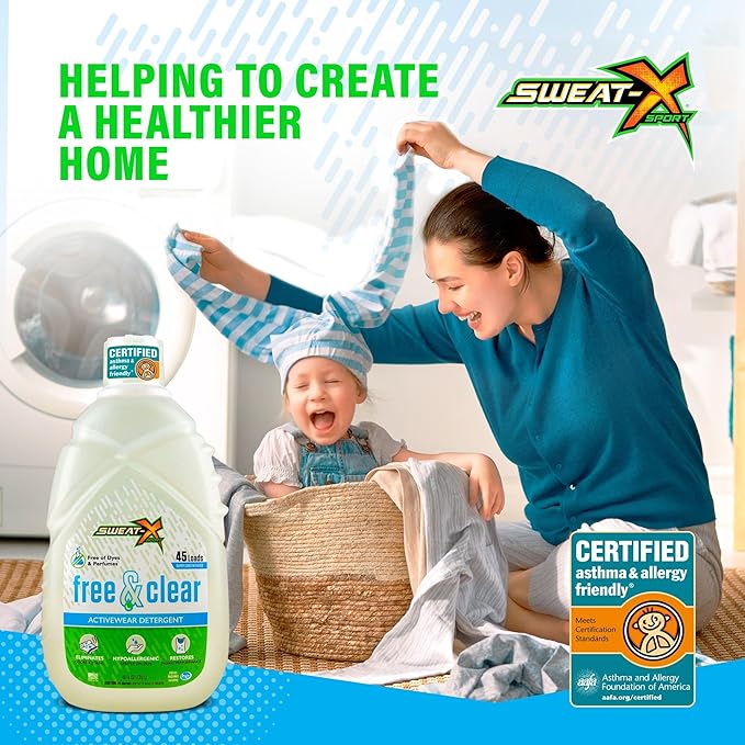 Sweat X Free & Clear Activewear Laundry Detergent – Certified Asthma & Allergy Friendly® – Hypoallergenic – Removes Toughest Stains & Odors – High-Performance Sports Wash – 45 Loads/Bottle – 4 Pack