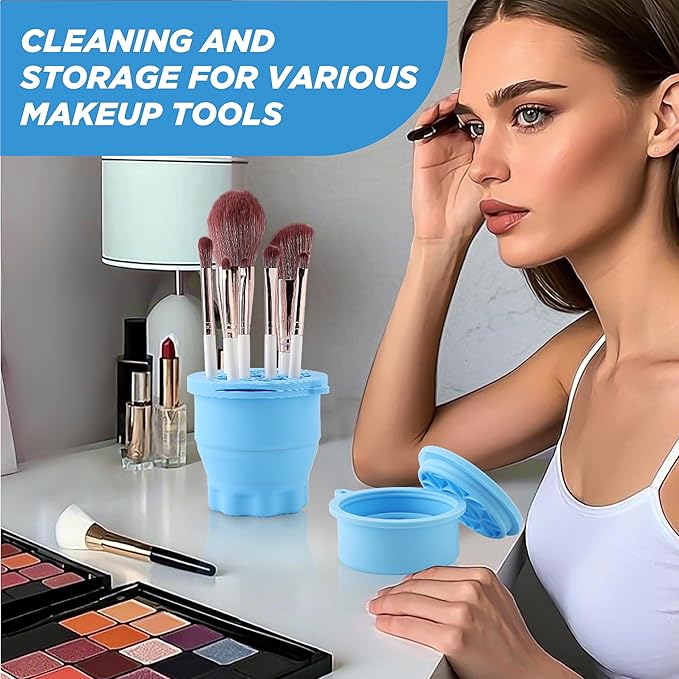 Makeup Brush Cleaner - Foldable Silicone Makeup Brush Cleaner Mat with Brush Storage Holder Makeup Brush Cleaning Bowl Cosmetic Brush Washing Tool for Cleaning Organizer and Drying (Blue)