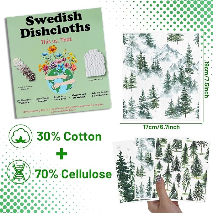 Forest Swedish Dishcloths for Kitchen - 6PCS Watercolor Forest Swedish Cloths for Washing Dishes, Winter Christmas Reusable Dish Towels, Pine Tree Washable Cleaning Sponge Fast Drying