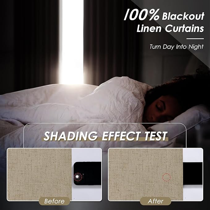 Extra Long Blackout Curtains 108 Inches Long Tan Brown Modern Linen Back Tab Rod Pocket Curtains for Sliding Glass Doors Thermal Light Blocking Floor Length Windows Drapes With White Backing 9Ft
