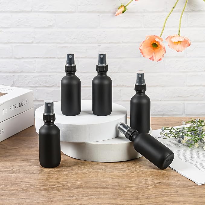 BILLIONSTARS 24 Pack 2oz Glass Boston Round Bottle with Fine Mist Sprayer - Black Frosted - Essential Oils, Bath, Beauty, Hair & Cleaning - Leakproof Travel Bottles